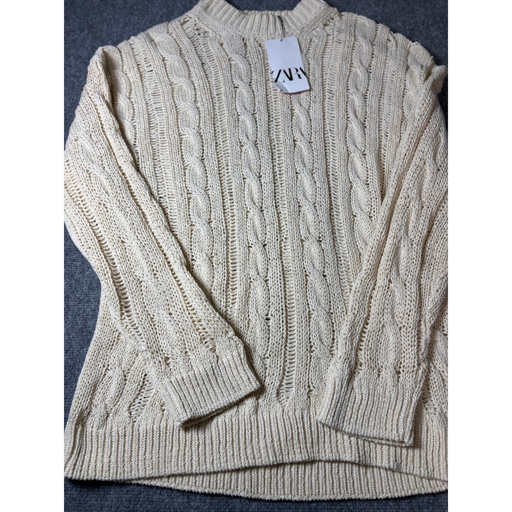 Zara Womens Cable Knit Sweater Cream Ivory Crew Neck Long Sleeve XL NEW
